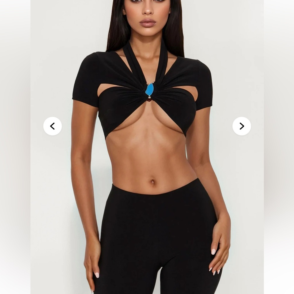 Fashion Nova Black Cut-Out Crop Top and Pants set